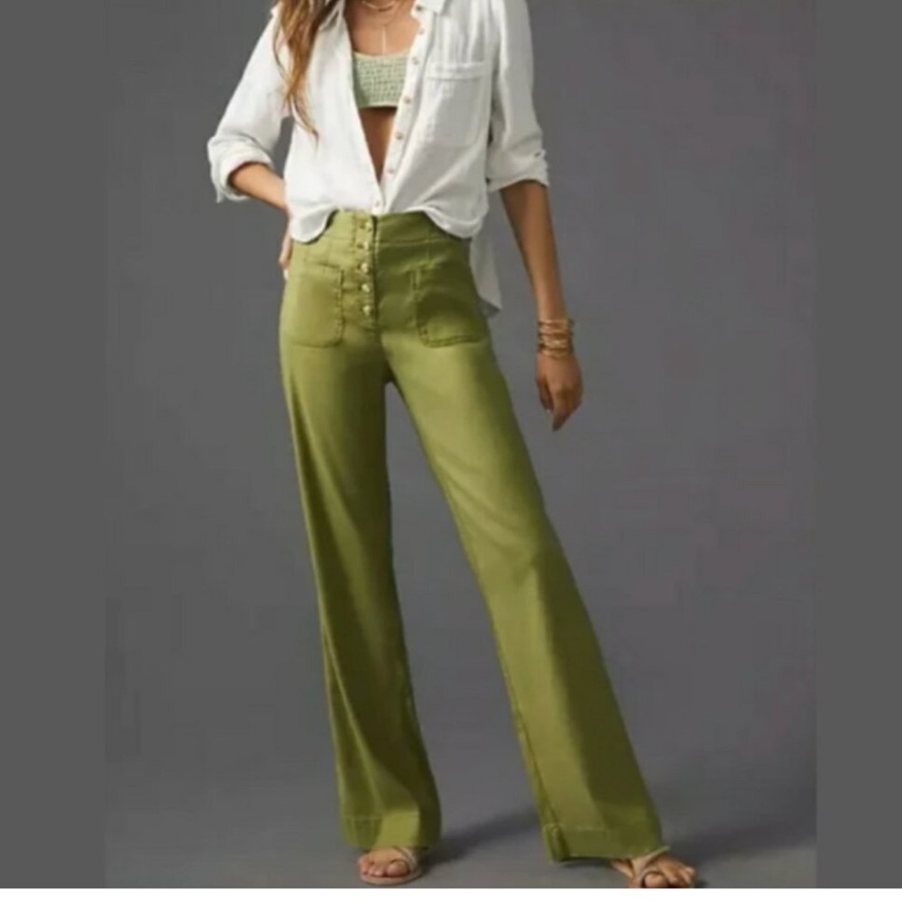 Anthropologie Maeve Olive Button Front Linen Blend Wide-Leg Trousers